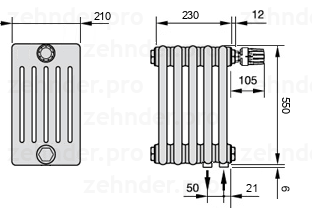 Схема (чертеж) Радиатор Zehnder Charleston 6055/5 №V002 Белый глянцевый RAL 9016